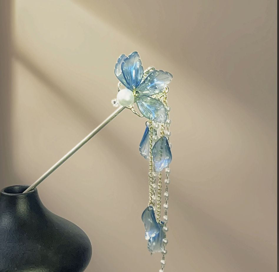 Chinese Flower Buyao Hairpin — Blue & Pink Tassel Hair Stick
